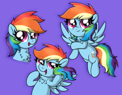 Size: 3414x2662 | Tagged: safe, artist:background basset, rainbow dash, pegasus, pony, g4, blue background, eye clipping through hair, high res, legs together, open mouth, open smile, simple background, smiling, solo, spread wings, triality, wings