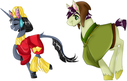 Size: 1000x638 | Tagged: safe, artist:askprosecutie, oc, oc only, oc:prosecutie, oc:wrangler, earth pony, pony, unicorn, clothes, costume, female, kuzco, male, mare, nightmare night costume, pacha, simple background, stallion, the emperor's new groove, white background