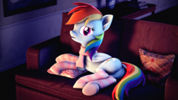 Size: 3840x2160 | Tagged: safe, artist:psfmer, rainbow dash, pegasus, pony, g4, 3d, 4k, butt, clothes, couch, female, high res, looking at you, mare, plot, scarf, socks, solo, source filmmaker, striped socks