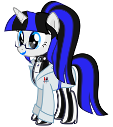 Size: 4902x5500 | Tagged: safe, artist:severity-gray, oc, oc only, oc:coldlight bluestar, pony, unicorn, g4, absurd resolution, blue lipstick, clothes, collar, cutie mark accessory, female, glasses, high heels, lab coat, latex, latex boots, latex socks, latex suit, lipstick, mare, pen, shoes, simple background, socks, solo, spiked collar, transparent background