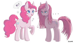 Size: 827x490 | Tagged: safe, artist:agumni, pinkie pie, earth pony, pony, g4, duality, female, pinkamena diane pie, self paradox, self ponidox, simple background, solo, white background