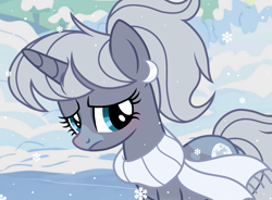 Size: 1471x1080 | Tagged: safe, artist:cstrawberrymilk, oc, oc only, oc:silver moon, pony, unicorn, g4, clothes, female, mare, scarf, snow, snowfall, solo