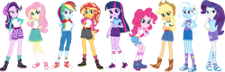 Size: 3852x1238 | Tagged: safe, artist:tylerajohnson352, applejack, fluttershy, pinkie pie, rainbow dash, rarity, starlight glimmer, sunset shimmer, trixie, twilight sparkle, human, equestria girls, g4, camp everfree outfits, clothes, converse, female, humane five, humane seven, humane six, shoes, simple background, transparent background