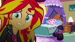 Size: 900x508 | Tagged: safe, artist:josephpatrickbrennan, edit, sunset shimmer, twilight sparkle, alicorn, equestria girls, g4, bedroom, crying, looking at you, sad, twilight sparkle (alicorn)