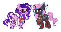 Size: 3083x1642 | Tagged: safe, artist:arina-gremyako, oc, oc only, oc:lunyx fireheart, oc:rain sunburst, alicorn, alien, human, pegasus, pony, 2024 community collab, derpibooru community collaboration, g4, alicorn oc, amputee, arbiter, artificial wings, augmented, bow, celeste, choker, clothes, commission, duo, duo female, ear piercing, earring, eye scar, facial scar, female, grin, hair bow, halo (series), horn, jewelry, madeline, mare, markings, mother and child, mother and daughter, piercing, plushie, pride, pride flag, prosthetic limb, prosthetic wing, prosthetics, raised hoof, scar, scarf, simple background, smiling, sunglasses, trans female, transgender, transgender pride flag, transparent background, wings