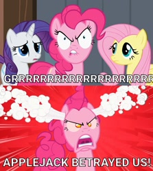 Size: 1280x1438 | Tagged: safe, fluttershy, pinkie pie, rarity, earth pony, pegasus, unicorn, g4, the last roundup, caption, image macro, patchy the pirate, quote, spongebob squarepants, text, the sponge who could fly