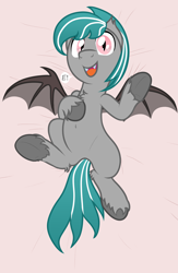 Size: 1300x2000 | Tagged: safe, artist:nitei, oc, oc only, oc:malachite cluster, bat pony, pony, bat wings, bed, belly button, chest fluff, e, fangs, happy, looking at you, lying down, male, on back, open mouth, solo, unshorn fetlocks, wings