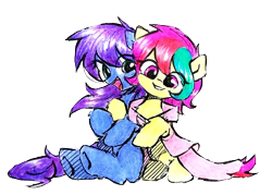 Size: 2048x1470 | Tagged: safe, artist:liaaqila, edit, editor:nova twinkle, oc, oc only, oc:cuihua, oc:nova twinkle, earth pony, pegasus, pony, 2024 community collab, derpibooru community collaboration, cute, duo, duo female, female, ocbetes, simple background, traditional art, transparent background, wings