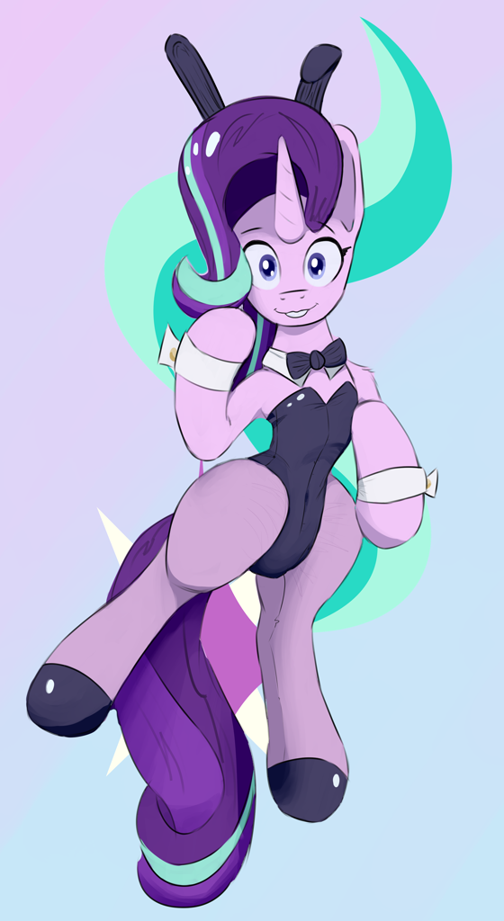 [belly button,bowtie,bunny ears,bunny suit,clothes,female,g4,high res,pony,safe,solo,unicorn,thin,starlight glimmer,artist:mare_enjoyer]