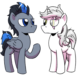 Size: 1200x1200 | Tagged: safe, artist:pony-berserker, oc, oc only, oc:silver sickle, oc:slipstream, pegasus, pony, unicorn, 2024 community collab, derpibooru community collaboration, duo, duo male, horn, looking at each other, looking at someone, male, scar, simple background, transparent background, unamused, wings