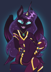 Size: 945x1338 | Tagged: safe, artist:caroo, oc, oc only, oc:shadow spectre, alicorn, anthro, plantigrade anthro, alicorn oc, barefoot, feet, foot focus, horn, jewelry, looking at you, not nightmare rarity, open mouth, open smile, sketch, smiling, soles, solo, toe ring, wings