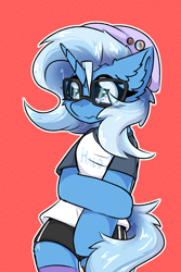 Size: 2000x3000 | Tagged: safe, artist:jubyskylines, trixie, pony, unicorn, semi-anthro, g4, beanie, bipedal, clothes, embarrassed, gamer trixie, glasses, halo (series), hat, high res, red background, shirt, shorts, simple background, solo, t-shirt