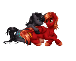 Size: 1280x1024 | Tagged: safe, artist:crimsonwolf360, oc, oc only, oc:crimson sky, oc:midnight shadow, pegasus, pony, unicorn, 2024 community collab, derpibooru community collaboration, cuddling, duo, duo male and female, female, horn, male, simple background, transparent background, wings