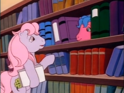 Size: 800x600 | Tagged: safe, screencap, clover (g1), melody, earth pony, pony, and the winner is..., g1, my little pony tales, bipedal, book, bookshelf, duo, female, library, looking at each other, looking at someone, out of context, raised hoof