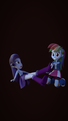 Size: 1080x1920 | Tagged: safe, artist:palmman529, rainbow dash, rarity, human, equestria girls, g4, 3d, black background, blender, boots, clothes, duo, female, kneeling, laughing, rainbow socks, shoes, simple background, smiling, socks, striped socks, tickling