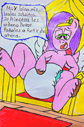 Size: 2154x3264 | Tagged: safe, artist:bitter sweetness, pipp petals, pegasus, pony, g5, my little pony: a new generation, my little pony: make your mark, my little pony: tell your tale, abdl, adult foal, diaper, diaper fetish, fetish, high res, non-baby in diaper, open mouth, open smile, poofy diaper, smiling, spanish, spanish text, speech bubble, throne, traditional art, translated in the description