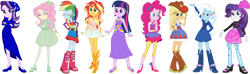 Size: 3981x1184 | Tagged: safe, artist:tylerajohnson352, applejack, fluttershy, pinkie pie, rainbow dash, rarity, starlight glimmer, sunset shimmer, trixie, twilight sparkle, human, display of affection, equestria girls, g4, good vibes, make new friends but keep discord, my little pony equestria girls, my little pony equestria girls: better together, my little pony equestria girls: friendship games, my little pony equestria girls: rainbow rocks, my little pony equestria girls: summertime shorts, pinkie pie: snack psychic, so much more to me, twilight under the stars, '90s, bare shoulders, belt, boots, bracelet, clothes, corset, cowboy hat, daydream shimmer, dress, eqg promo pose set, feather, feather in hair, female, fingerless gloves, gala dress, gloves, gold trim, hair ornament, hat, high heel boots, high heels, humane five, humane seven, humane six, jewelry, necklace, purple dress, rah rah skirt, shoes, simple background, skirt, sleeveless, sleeveless dress, strapless, strapless dress, sweater, transparent background, uniform, vector