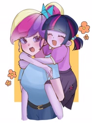 Size: 1536x2048 | Tagged: safe, artist:cerise, princess cadance, twilight sparkle, human, equestria girls, g4, child, eyes closed, open mouth, open smile, passepartout, piggyback ride, smiling, teen princess cadance, younger