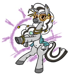 Size: 876x931 | Tagged: safe, artist:jargon scott, oc, oc only, oc:matriarch zeg'us, zebra, belly button, bipedal, female, jewelry, lidded eyes, looking at you, mare, necklace, simple background, smiling, smiling at you, solo, sunglasses, white background, zebra oc