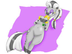Size: 800x600 | Tagged: safe, artist:kushina13, oc, oc only, oc:matriarch zeg'us, zebra, bedroom eyes, belly, belly button, female, gilf, hooves to the chest, imminent belly rub, lying down, mare, on back, simple background, smiling, solo, white background, wide hips, zebra oc
