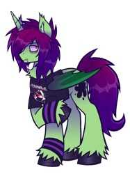 Size: 2050x2745 | Tagged: safe, artist:mxmx fw, oc, oc only, oc:midnight ray, bat pony, bat pony unicorn, hybrid, pony, unicorn, 2024 community collab, derpibooru community collaboration, bat wings, chest fluff, clothes, ear fluff, emo, fangs, folded wings, gloves, hair over one eye, high res, hoof polish, horn, shirt, simple background, solo, transparent background, two toned mane, unshorn fetlocks, wings
