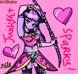 Size: 1080x1031 | Tagged: source needed, safe, artist:milochanz!, twilight sparkle, human, equestria girls, g4, base used, belly button, breasts, clothes, female, fishnet stockings, garter belt, garter straps, looking at you, midriff, panties, pink background, simple background, socks, solo, striped panties, striped underwear, sword, thigh highs, underwear, weapon