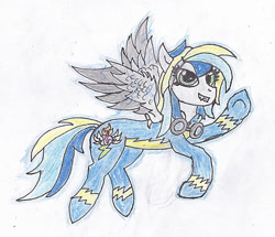 Size: 750x646 | Tagged: safe, artist:dalirpl, oc, oc:bright flake, pegasus, pony, clothes, female, flying, goggles, looking at you, mare, pegasus oc, smiling, smiling at you, solo, traditional art, uniform, wonderbolts uniform