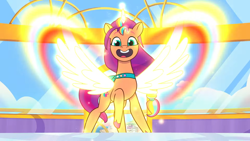 Size: 1920x1080 | Tagged: safe, screencap, sunny starscout, alicorn, earth pony, pony, g5, icy prints, my little pony: tell your tale, spoiler:g5, spoiler:my little pony: tell your tale, spoiler:tyts02e01, artificial horn, artificial wings, augmented, beautiful, cloud, concave belly, crystal brighthouse, female, fluttershy's cutie mark, glowing, glowing horn, glowing wings, horn, indoors, looking at you, magic, magic horn, magic wings, mane stripe sunny, mare, maretime bay, open mouth, pose, race swap, rainbow, rainbow dash's cutie mark, raised hoof, scrunchie, sky, slender, solo, spread wings, standing, sunny's bag, sunnycorn, thin, twilight sparkle's cutie mark, unshorn fetlocks, wings