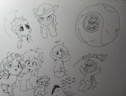 Size: 2048x1554 | Tagged: safe, artist:pony quarantine, oc, oc only, oc:apogee, oc:dyx, oc:filly anon, oc:little league, oc:luftkrieg, oc:nyx, oc:zala, alicorn, earth pony, pegasus, pony, unicorn, baseball cap, butt, cap, dragon ball, dragon ball z, eyes on the prize, female, filly, foal, freckles, grayscale, hat, looking at you, looking back, looking back at you, monochrome, nervous sweat, pen drawing, plot, scouter, space pod, spaceship, sweat, traditional art, waving, waving at you