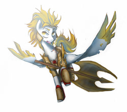 Size: 750x661 | Tagged: safe, artist:nati789, oc, oc only, oc:thunder roar, pegasus, action pose, armor, flying, male, pegasus oc, simple background, solo, white background