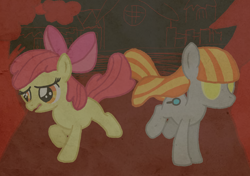 Size: 1700x1200 | Tagged: safe, artist:snowflakepone, apple bloom, oc, oc:ruby (story of the blanks), earth pony, pony, story of the blanks, g4, female, filly, foal, running