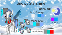 Size: 1920x1080 | Tagged: safe, artist:snowy starshine, oc, oc only, oc:snowy starshine, pegasus, pony, 3d, cutie mark, headphones, looking at you, reference sheet