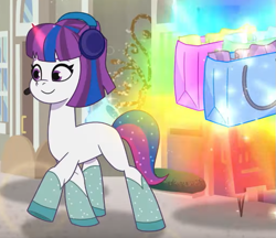 Size: 669x577 | Tagged: safe, screencap, little rock, pony, unicorn, g5, icy prints, my little pony: tell your tale, spoiler:g5, spoiler:my little pony: tell your tale, spoiler:tyts02e01, cropped, female, glowing, glowing horn, headphones, horn, mare, smiling