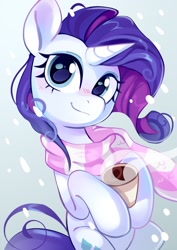 Size: 904x1280 | Tagged: safe, artist:anotherdeadrat, rarity, pony, unicorn, g4, clothes, coffee, coffee cup, cup, cute, female, horn, looking at you, mare, raribetes, scarf, smiling, smiling at you, solo, striped scarf
