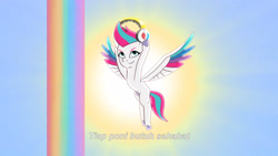 Size: 3072x1727 | Tagged: safe, screencap, zipp storm, pegasus, pony, g5, icy prints, my little pony: tell your tale, spoiler:g5, spoiler:my little pony: tell your tale, spoiler:tyts02e01, concave belly, female, flying, headphones, indonesian, mare, slender, smiling, solo, spread wings, subtitles, thin, wings