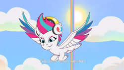 Size: 3072x1727 | Tagged: safe, screencap, zipp storm, pegasus, pony, g5, icy prints, my little pony: tell your tale, spoiler:g5, spoiler:my little pony: tell your tale, spoiler:tyts02e01, female, flying, headphones, indonesian, mare, smiling, solo, spread wings, subtitles, wings