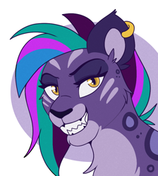 Size: 768x857 | Tagged: safe, artist:lulubell, allura, aq bars, big cat, leopard, snow leopard, g5, bust, evil grin, female, grin, helix piercing, simple background, smiling, solo, white background