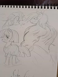 Size: 3468x4624 | Tagged: safe, artist:notsafeforsanity, big macintosh, twilight sparkle, oc, oc:jorse, earth pony, unicorn, anthro, g4, buff, monochrome, muscles, sketch, traditional art