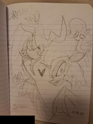 Size: 3468x4624 | Tagged: safe, artist:notsafeforsanity, fluttershy, nightmare moon, queen chrysalis, alicorn, changeling, changeling queen, pegasus, g4, lined paper, monochrome, shipping, sketch