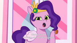 Size: 3072x1727 | Tagged: safe, screencap, pipp petals, pegasus, pony, g5, icy prints, my little pony: tell your tale, spoiler:g5, spoiler:my little pony: tell your tale, spoiler:tyts02e01, :o, eyebrows, female, mane melody (location), mare, open mouth, raised eyebrow, solo, subtitles