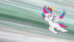 Size: 3072x1727 | Tagged: safe, screencap, zipp storm, pegasus, pony, g5, icy prints, my little pony: tell your tale, spoiler:g5, spoiler:my little pony: tell your tale, spoiler:tyts02e01, female, flying, grin, headphones, mare, smiling, solo, spread wings, subtitles, wings
