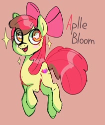 Size: 1113x1321 | Tagged: safe, artist:birch_cat, apple bloom, earth pony, pony, g4, female, filly, foal, misspelling, orange background, simple background, solo, sparkles, text