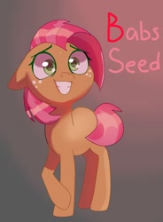 Size: 928x1263 | Tagged: safe, artist:birch_cat, babs seed, earth pony, pony, g4, female, filly, foal, gradient background, grin, smiling, solo, text