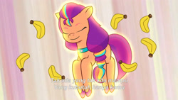 Size: 3072x1727 | Tagged: safe, screencap, sunny starscout, earth pony, pony, g5, icy prints, my little pony: tell your tale, spoiler:g5, spoiler:my little pony: tell your tale, spoiler:tyts02e01, banana, eyes closed, female, food, indonesian, mare, smiling, solo, subtitles, transformation, transformation sequence