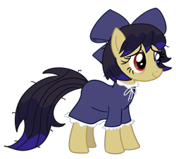 Size: 1750x1587 | Tagged: safe, artist:notsafeforsanity, oc, oc only, oc:jorse, earth pony, pony, 2024 community collab, derpibooru community collaboration, g4, bags under eyes, blue eyes, bow, clothes, dress, female, hair bow, heterochromia, red eyes, show accurate, simple background, solo, transparent background