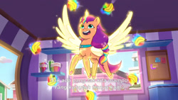 Size: 3072x1727 | Tagged: safe, screencap, sunny starscout, alicorn, pony, g5, icy prints, my little pony: tell your tale, spoiler:g5, spoiler:my little pony: tell your tale, spoiler:tyts02e01, banana, female, flying, food, indonesian, magic, mane stripe sunny, mare, open mouth, open smile, race swap, smiling, solo, spread wings, subtitles, sunnycorn, telekinesis, wings