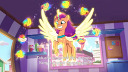 Size: 3072x1727 | Tagged: safe, screencap, sunny starscout, alicorn, pony, g5, icy prints, my little pony: tell your tale, spoiler:g5, spoiler:my little pony: tell your tale, spoiler:tyts02e01, banana, female, flying, food, grin, magic, mane stripe sunny, mare, race swap, smiling, solo, spread wings, subtitles, sunnycorn, telekinesis, wings