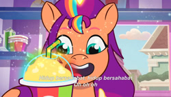 Size: 3072x1727 | Tagged: safe, screencap, sunny starscout, alicorn, pony, g5, icy prints, my little pony: tell your tale, spoiler:g5, spoiler:my little pony: tell your tale, spoiler:tyts02e01, banana, drink, female, food, magic, mare, open mouth, open smile, race swap, smiling, smoothie, solo, subtitles, sunnycorn, telekinesis