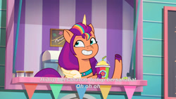 Size: 3072x1727 | Tagged: safe, screencap, sunny starscout, alicorn, pony, g5, icy prints, my little pony: tell your tale, spoiler:g5, spoiler:my little pony: tell your tale, spoiler:tyts02e01, banana, drink, female, food, grin, mare, race swap, smiling, smoothie, smoothie truck, solo, subtitles, sunnycorn