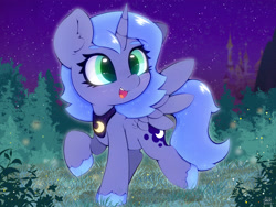 Size: 4000x3000 | Tagged: safe, artist:zokkili, princess luna, alicorn, pony, g4, canterlot, colored eyebrows, cute, ear fluff, eyebrows, female, filly, grass, high res, horn, lunabetes, mare, night, night sky, open mouth, open smile, outdoors, raised hoof, raised leg, sky, smiling, solo, spread wings, standing on two hooves, stars, unshorn fetlocks, wings, woona, young luna, younger